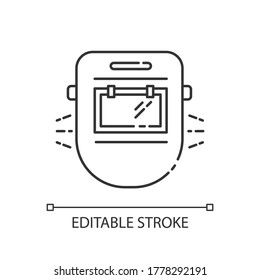 Ebenendarstellung der Welder-Maske Pixel, perfekt linear. Kopfbearbeitung für technische Arbeit. Arbeitssicherheit. Dünne, anpassbare Illustration. Contour-Symbol. Vektor-einzelne Rahmenzeichnung. Bearbeitbarer Hub