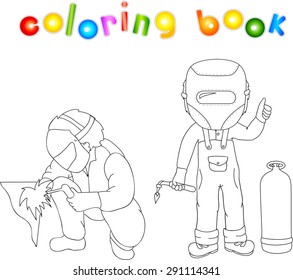 Welder in the mask and robe with a gas burner in his hand and gas bottle near him. Coloring book. Vector illustration