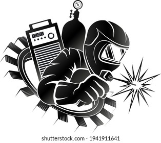 Welder in mask uniform with welding machine in hand symbol