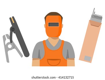 Welder in the mask vector, welding mask, Electrodes in the box, welding machine