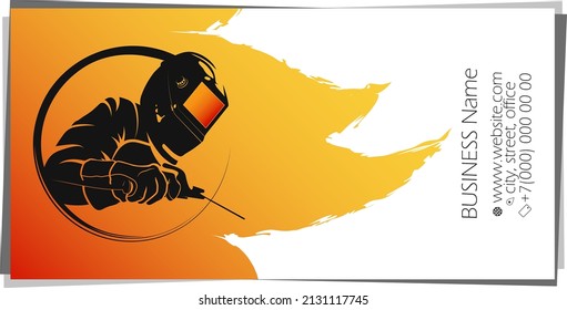 Welder in mask and welding machine. Business card for a welder. Carrying out welding and repair work