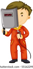 Welder with metal mask and tool illustration