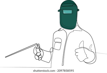 Welder mounts in the trunk pipeline electrochemical protection Vector illustration. Young man welder in brown uniform welding mask and welders leathers weld metal