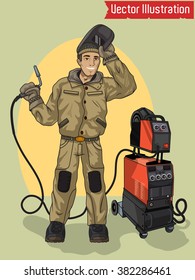 Welder near the welding machine. Vector illustration.