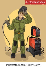 Welder near the welding machine. Vector illustration.