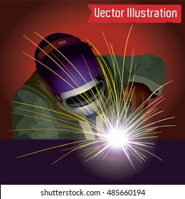 Welder near the welding machine. Vector illustration.