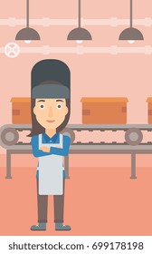 A welder on the background of factory workshop with conveyor belt vector flat design illustration. Vertical layout.