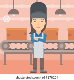 A welder on the background of factory workshop with conveyor belt vector flat design illustration. Square layout.