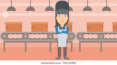 A welder on the background of factory workshop with conveyor belt vector flat design illustration. Horizontal layout.