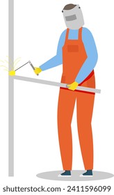 Welder in orange uniform and safety gear welding metal pipe. Industrial worker performing welding work vector illustration. Safe welding practices and construction work.