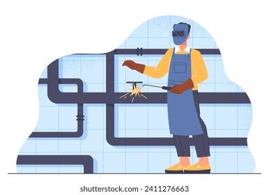 Welder with pipes. Man ain protective uniform and face mask with heat repair watering and boiling system in home. Repairman fix problems. Cartoon flat vector illustration isolated on white background