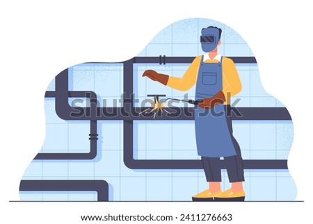 Welder with pipes. Man ain protective uniform and face mask with heat repair watering and boiling system in home. Repairman fix problems. Cartoon flat vector illustration isolated on white background