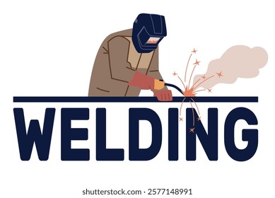 Welder. Professional metalwork, man in uniform and protective mask. Construction metalworking industry, logotype and phrase, occupation. Cartoon flat style isolated vector concept