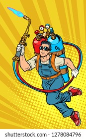 welder professional worker. superhero with gas cylinders. Pop art retro vector illustration kitsch vintage