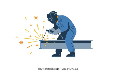 Welder in protective gear working with steel beams while sparks fly creating an industrial scene of metal fabrication and construction work.