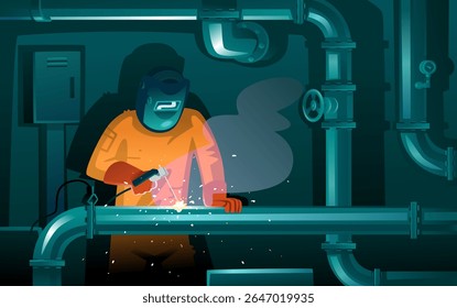Welder in a protective mask and dressed in special clothing performs welding work against the background of a technological room. Vector illustration in cartoon style