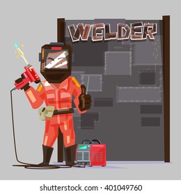 welder in a protective mask holding gas welding machine.  welded metal sheets board to presentation. character design - vector illustration