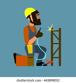 Welder in a protective mask working with welding machine. Flat design vector symbols.Illustration.