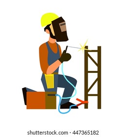 Welder in a protective mask working with welding machine. Flat design vector symbols.Illustration.