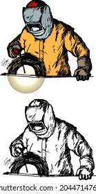 Welder in protective suit carry out welding work. Hand drawn vector illustration. 