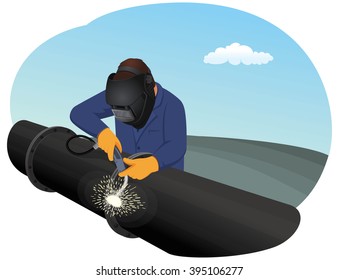 Welder is repairing a pipeline section. Heavy industry.