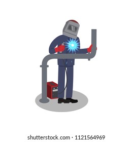 Welder repairing pipeline system. Professional at work. Worker in protective outfit. Isolated flat vector illustration