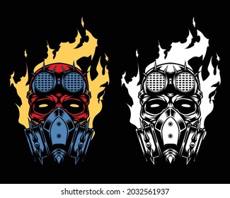 welder skull wearing gas mask and flame behind vector illustration