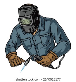 Welder in steel mask and gloves using gas torch against white background, vector illustration