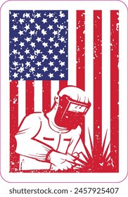 Welder theme sticker design with USA flag vintage retro theme