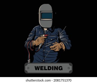 welder with TIG welding equipment vector illustration