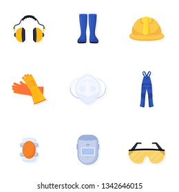 Welder uniform vector illustrations collection. Worker, builder safety equipment. Handyman blue overall. Welding helmet and glasses. Protective gear, wear, gloves isolated design element