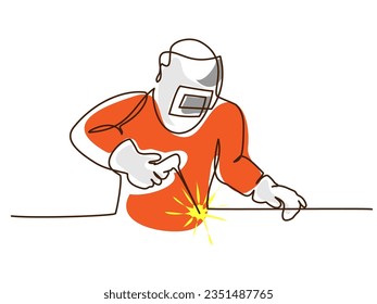 Welder using welding machine in construction project. Continuous One line drawing colored design concept colored with color spots. Vector illustration