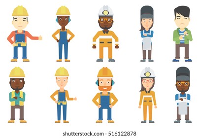 Welder wearing protective mask and apron. Confident welder standing with folded hands. Miner wearing hard hat with flashlight. Set of vector flat design illustrations isolated on white background.