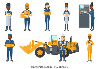 Welder wearing protective mask and apron. Confident welder standing with folded hands. Miner standing on background of excavator. Set of vector flat design illustrations isolated on white background.