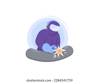 a welder wearing work clothes, welding helmet or welding mask, and welding gloves. the welder uses a welding tool to connect an iron pipe. workers or laborers. industrial people. character