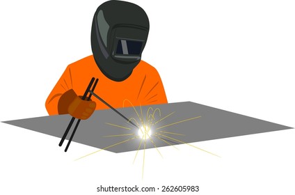 Welder welding dressed in an orange jumpsuit and helmet type mask