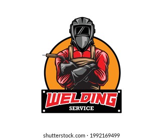 welder with welding equipment and welding torch vector illustration
