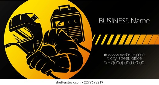 Welder with welding machine. Business card for a welder and welding work