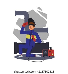 Welder with welding machine at decorative abstract backdrop, flat cartoon vector illustration isolated on white background. Banner for business and industry.