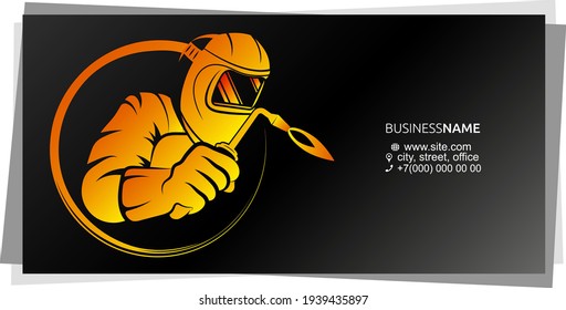 Welder with welding machine in hand business card concept