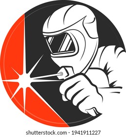 Welder with welding machine in hand symbol for business