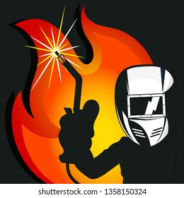 Welder with a welding machine in his hand on a background of fire design