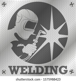 Welder with welding machine metal steel sheet symbol