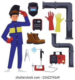 Welder with welding machine and set of work symbols and equipment, cartoon flat vector illustration isolated on white background. Welder workman with tools.