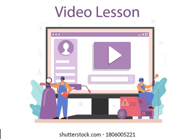 Welder and welding online service or platform on differernt device concept. Vdeo lesson. Professional welder in protective mask and gloves. Vector illustration