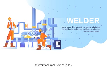 Welder and welding service concept. Men with tools solder pipes and metal structures. Employees in protective masks repairing plumbing. Cartoon flat vector illustration isolated on white background