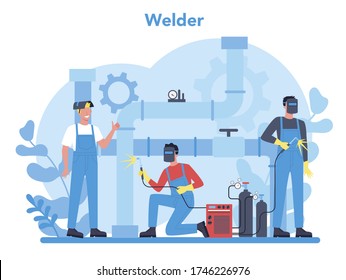 Welder and welding service concept. Professional welder in protective mask and gloves. Man in uniform welding metal pipe and construction made of steel. Industrial profession. Vector illustration