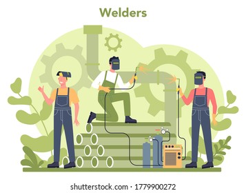 Welder and welding service concept. Professional welder in protective mask and gloves. Man in uniform welding metal pipe and construction made of steel. Industrial profession. Vector illustration