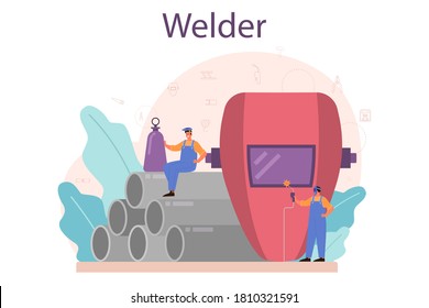 Welder and welding service concept. Professional welder in protective mask and gloves. Man in uniform welding metal pipe and construction made of steel. Industrial profession. Vector illustration