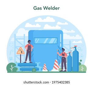 Welder and welding service concept. Professional welder in protective mask and gloves. Man in uniform welding metal pipe and construction made of steel. Industrial profession. Vector illustration
